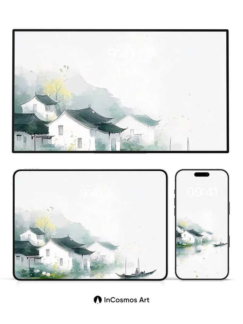 Misty Ink Wallpaper with Floating Boat