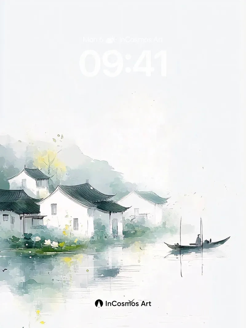Misty Ink Wallpaper with Floating Boat
