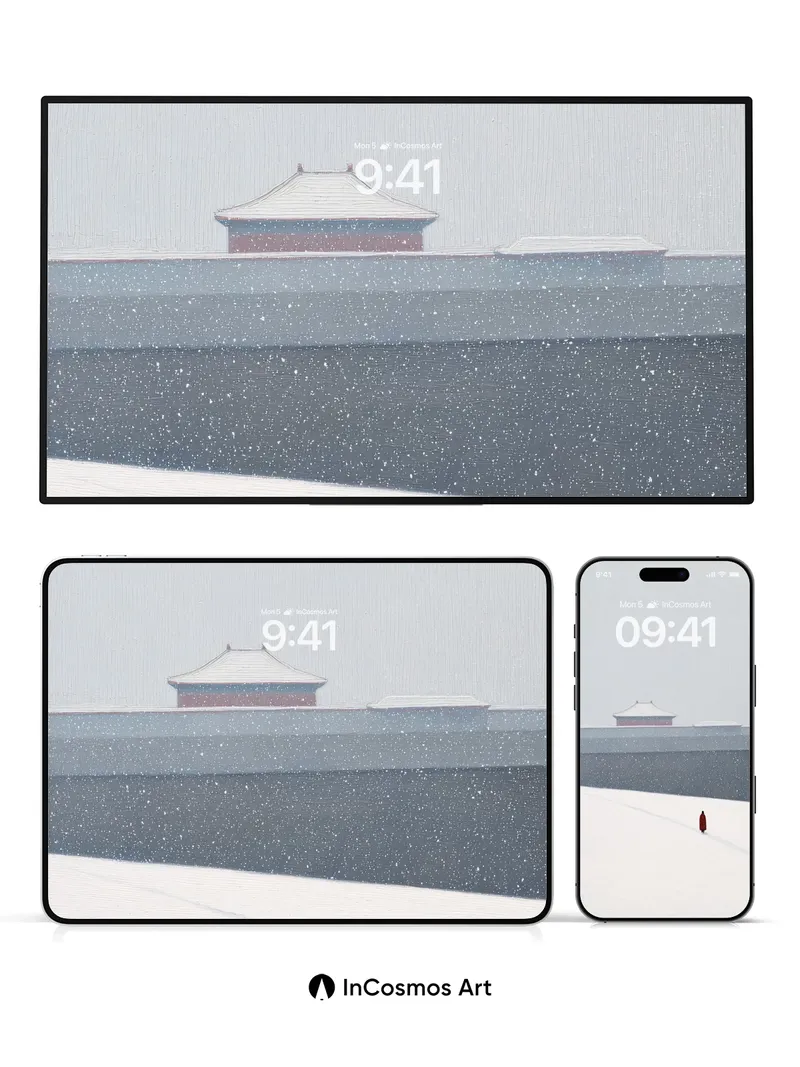 Solitary Red Figure Wallpaper in Snowfall Stillness