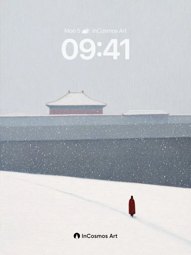 Solitary Red Figure Wallpaper in Snowfall Stillness