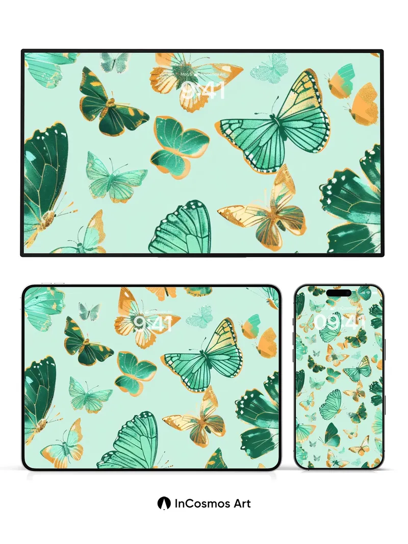 Emerald Whispers Wallpaper with Fluttering Wings