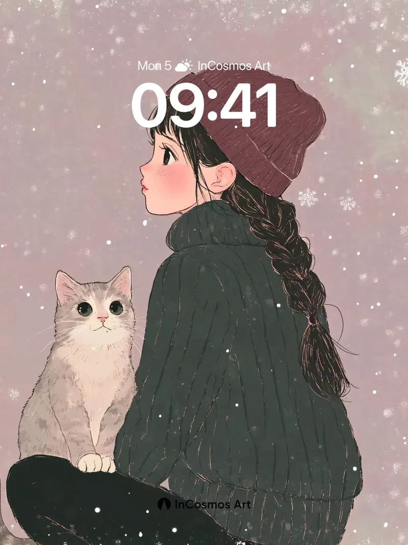 Snowfall Hush Wallpaper with Feline Companion wallpaper for iPhone, iPad & Mac