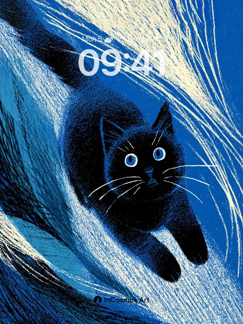 Midnight Wave Wallpaper with Floating Feline wallpaper for iPhone, iPad & Mac