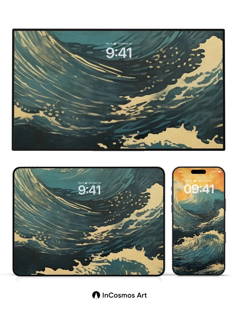 Crimson Surge Wallpaper with Hokusai's Wave