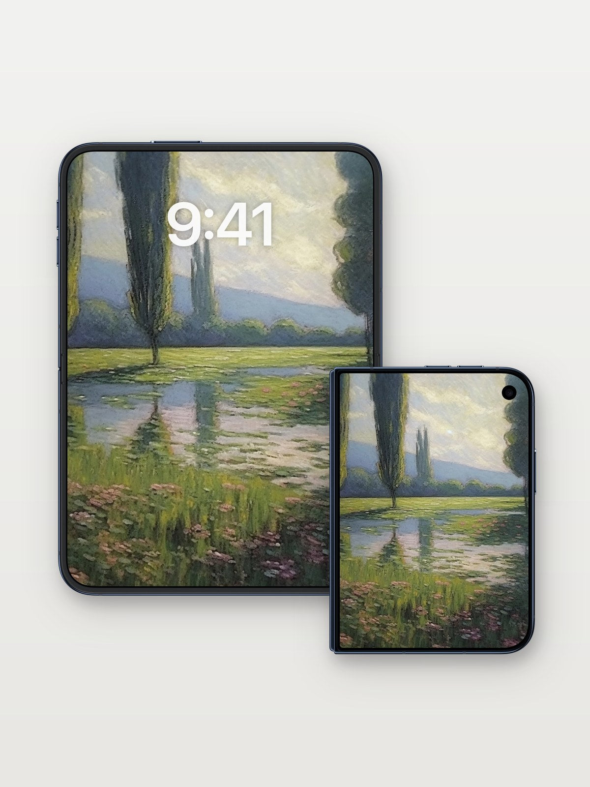 Serenity Reflection Wallpaper with Waterlily Whispers on iPhone Duo, open and closed