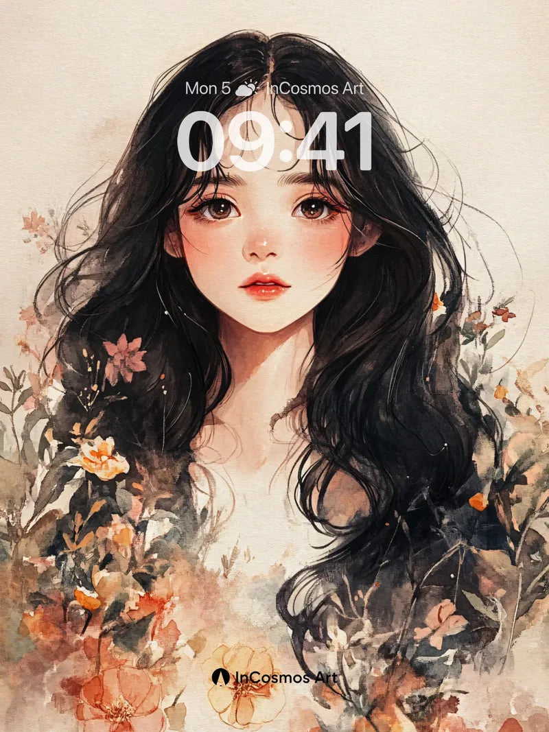 Whispering Bloom Wallpaper with Ink-Soft Hair wallpaper for iPhone, iPad & Mac