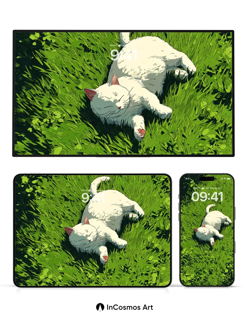Serenity in Grass Wallpaper with Sleeping Feline