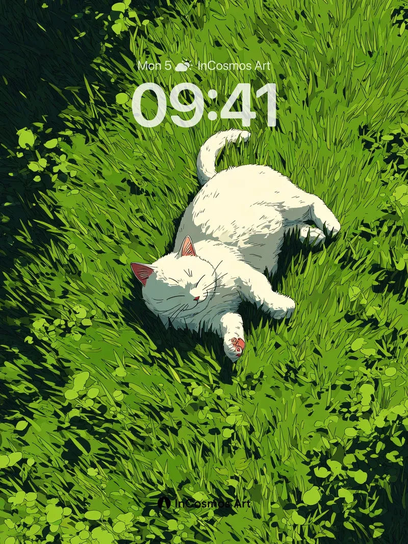 Serenity in Grass Wallpaper with Sleeping Feline
