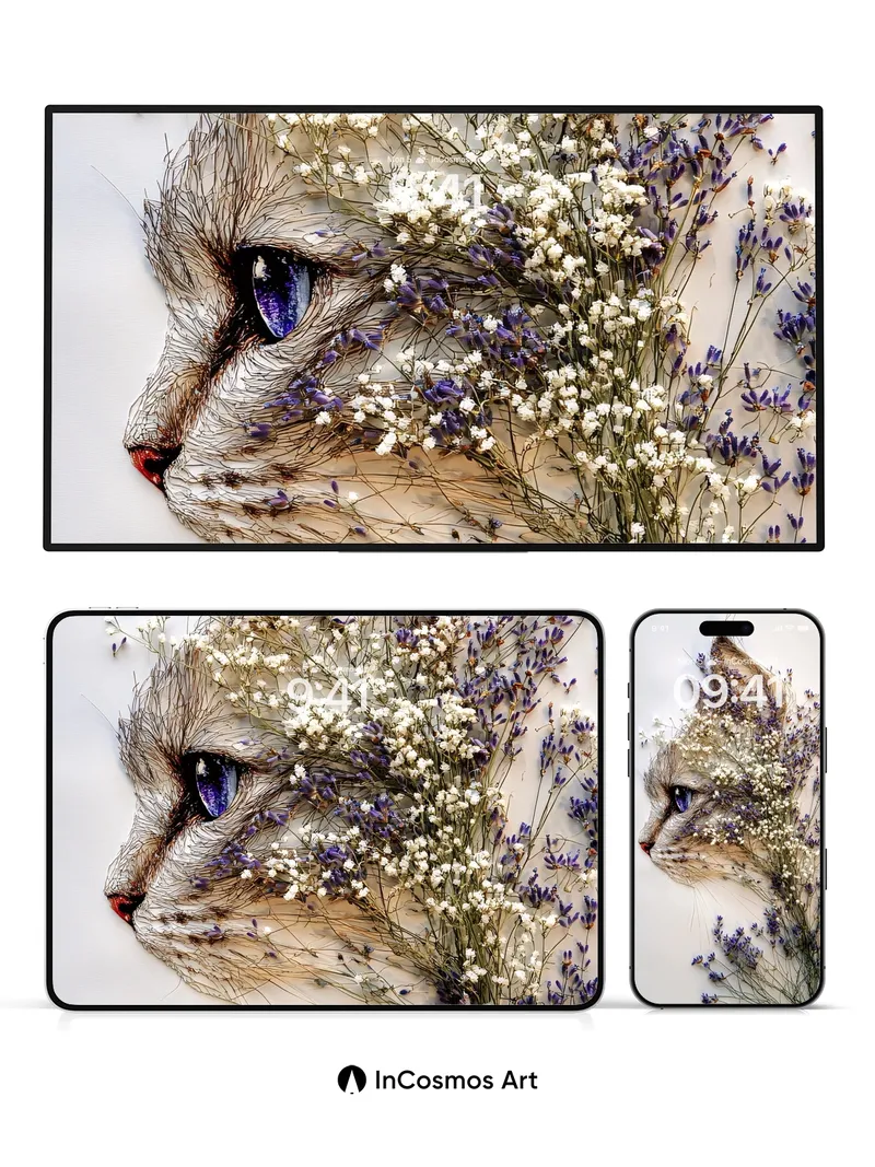 Whispering Petal Wallpaper with Feline Gaze