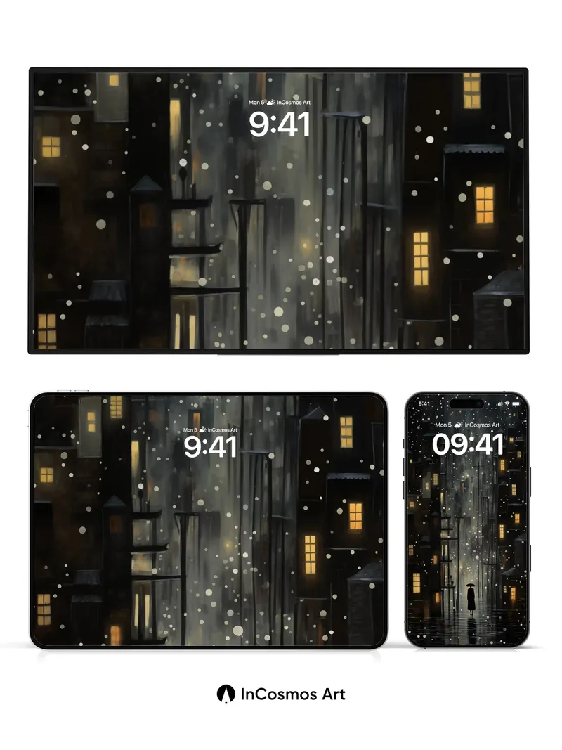 Lonely Rainfall Wallpaper with Floating Lights