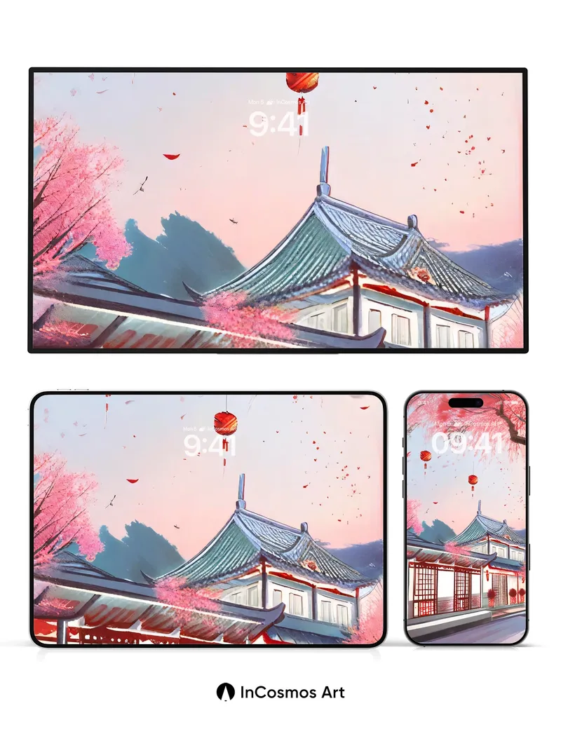 Cherry Whisper Wallpaper with Floating Lanterns