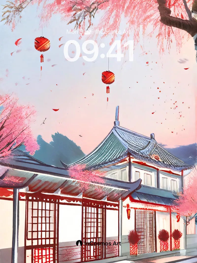 Cherry Whisper Wallpaper with Floating Lanterns