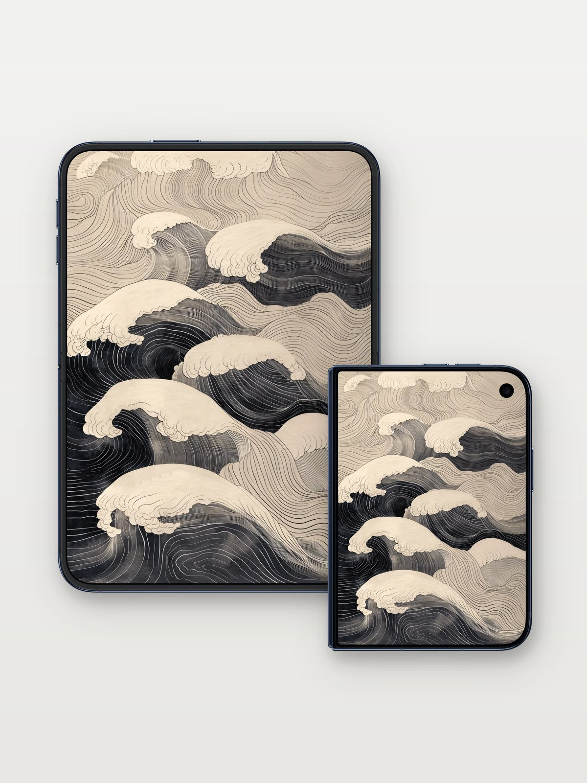 Monochrome Wave Wallpaper with Hokusai Echoes on iPhone Duo, open and closed