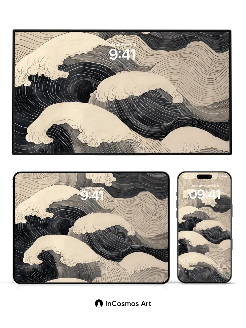 Monochrome Wave Wallpaper with Hokusai Echoes