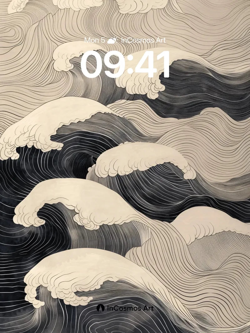 Monochrome Wave Wallpaper with Hokusai Echoes wallpaper for iPhone, iPad & Mac
