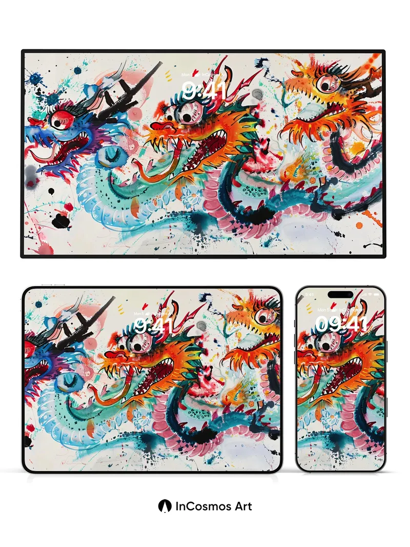 Chromatic Dragon Dance Wallpaper with Ink Splatter Magic