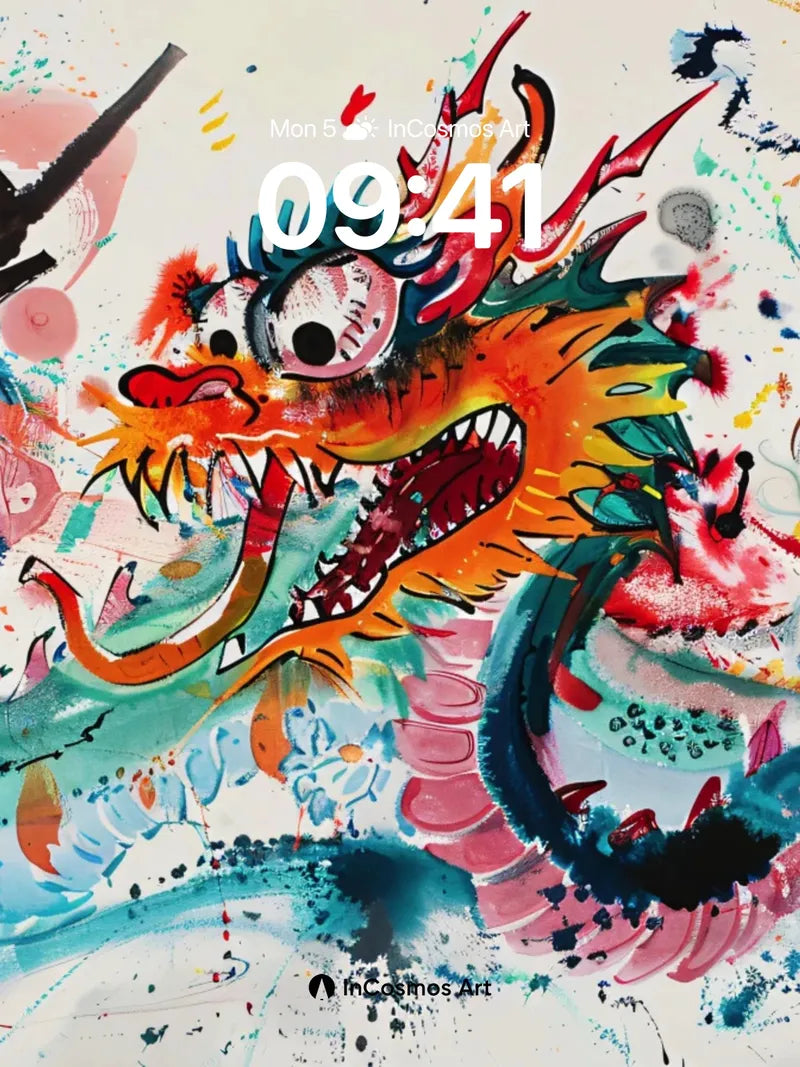 Chromatic Dragon Dance Wallpaper with Ink Splatter Magic