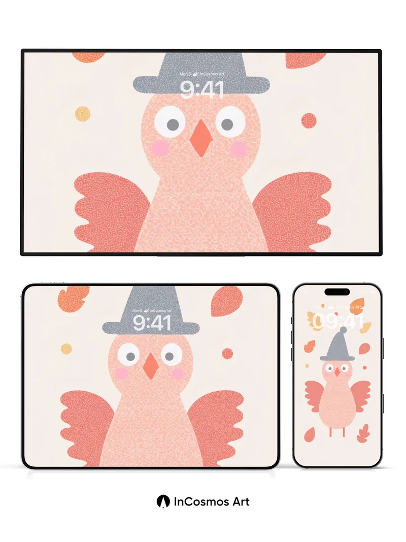 Whimsical Autumn Bird Wallpaper with Floating Leaves