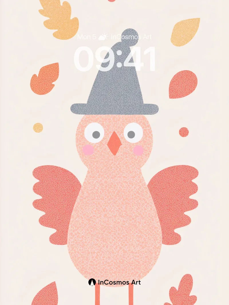 Whimsical Autumn Bird Wallpaper with Floating Leaves