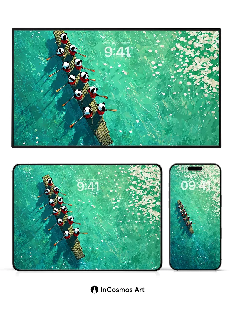 Serene Drift Wallpaper with Bamboo Rowers