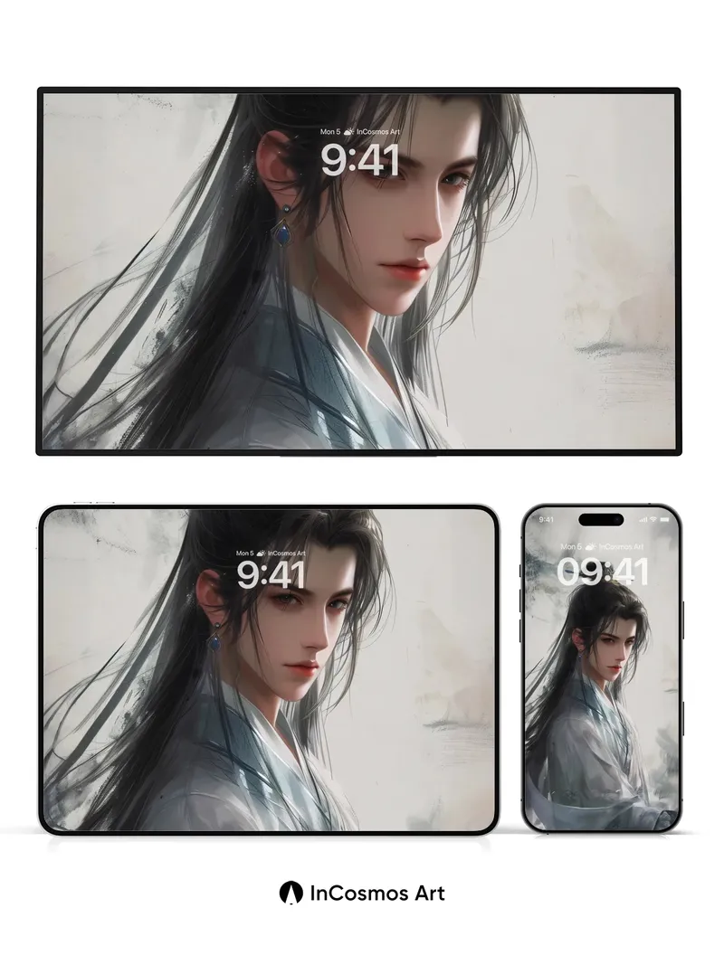 Serene Ink Portrait Wallpaper with Floating Hair