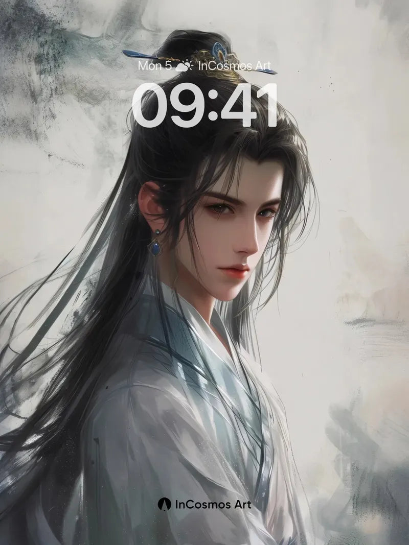 Serene Ink Portrait Wallpaper with Floating Hair