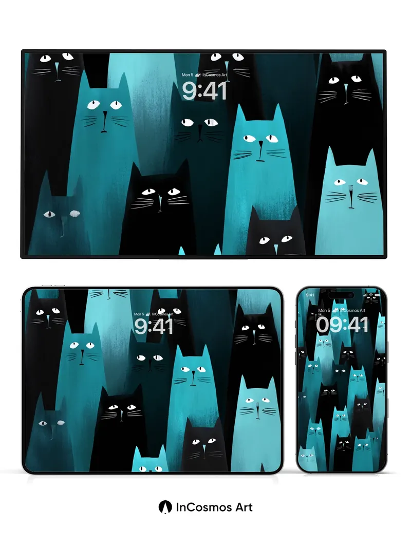 Whispering Teal Cats Wallpaper with Midnight Gaze