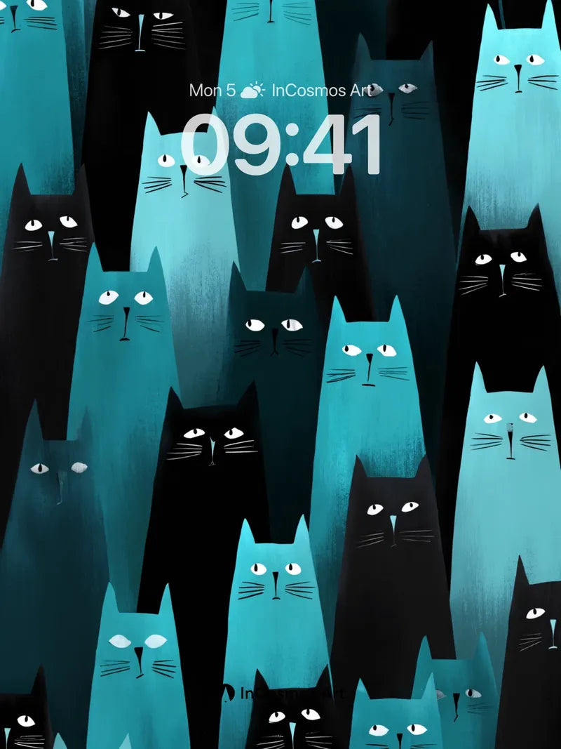 Whispering Teal Cats Wallpaper with Midnight Gaze