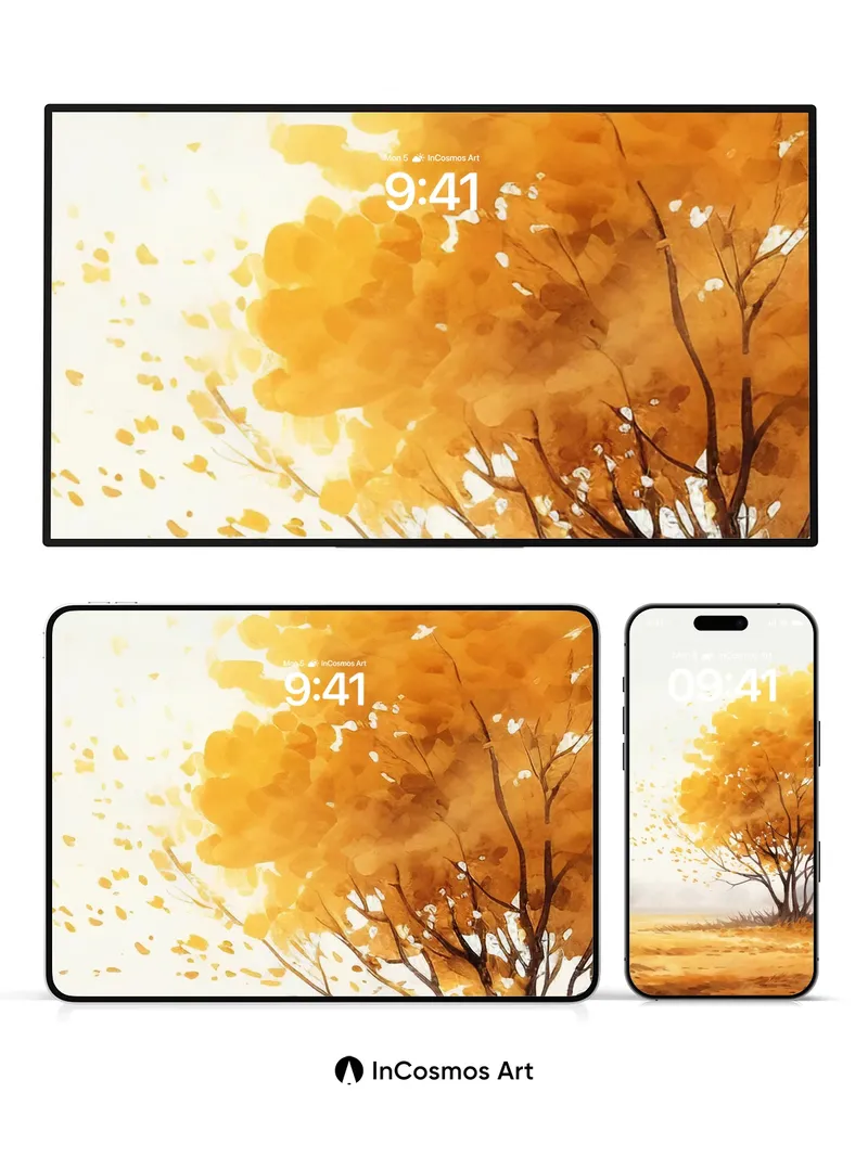 Autumn Hush Wallpaper with Floating Gold Leaves