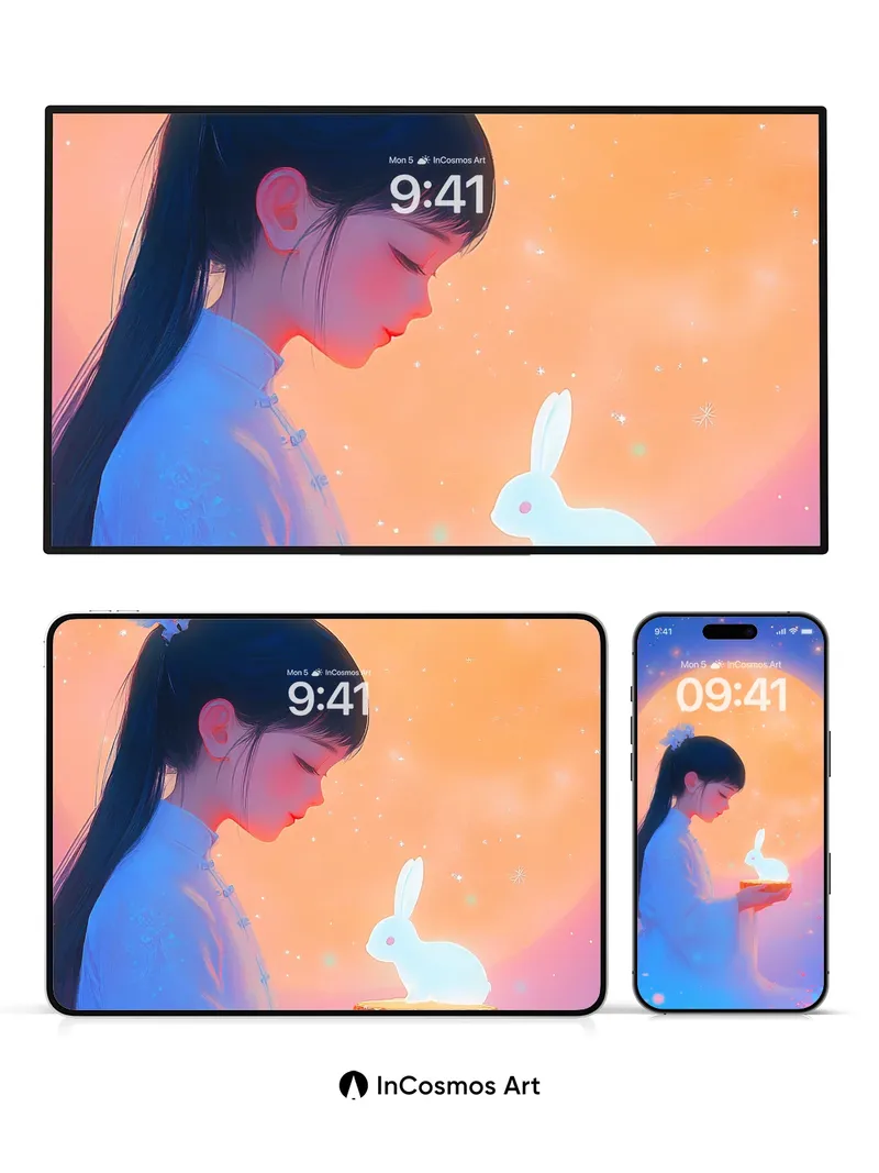 Lunar Reverie Wallpaper with Glowing Rabbit