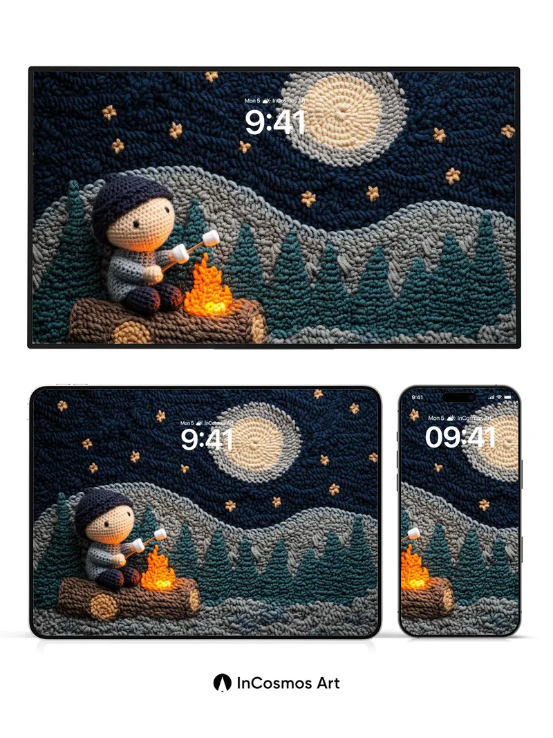 Whispering Knit Wallpaper with Moonlit Campfire