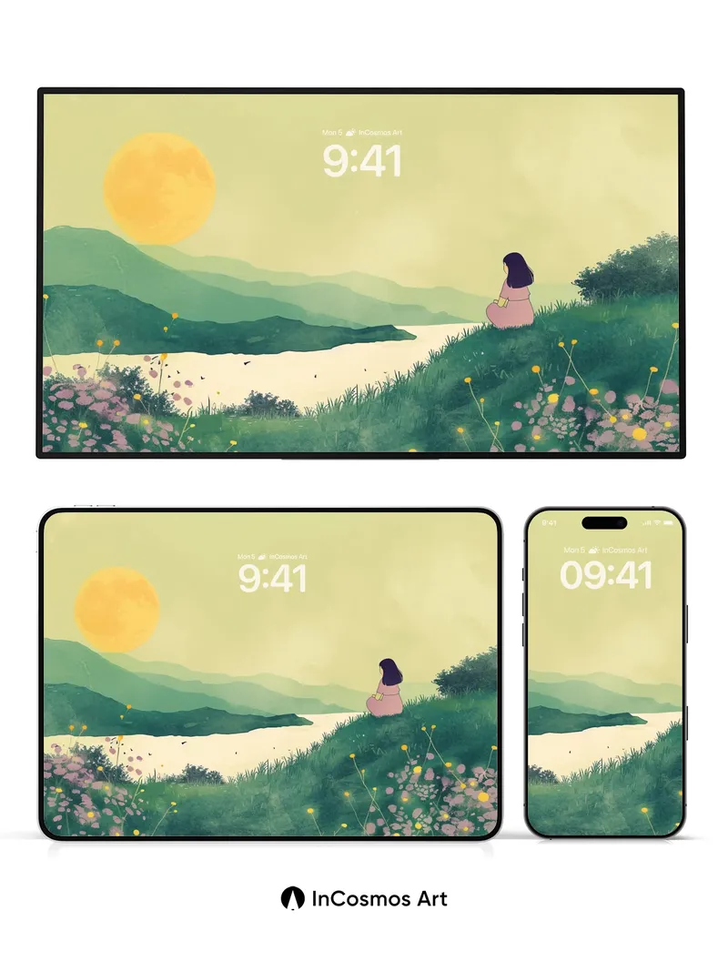 Serene Meadow Wallpaper with Golden Sunlight