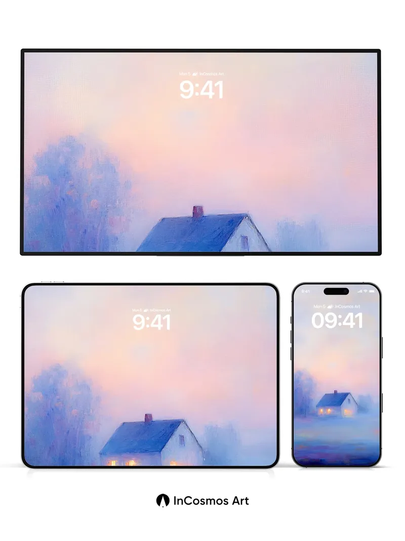 Fog-Laced Cottage Wallpaper with Warm Light Hues