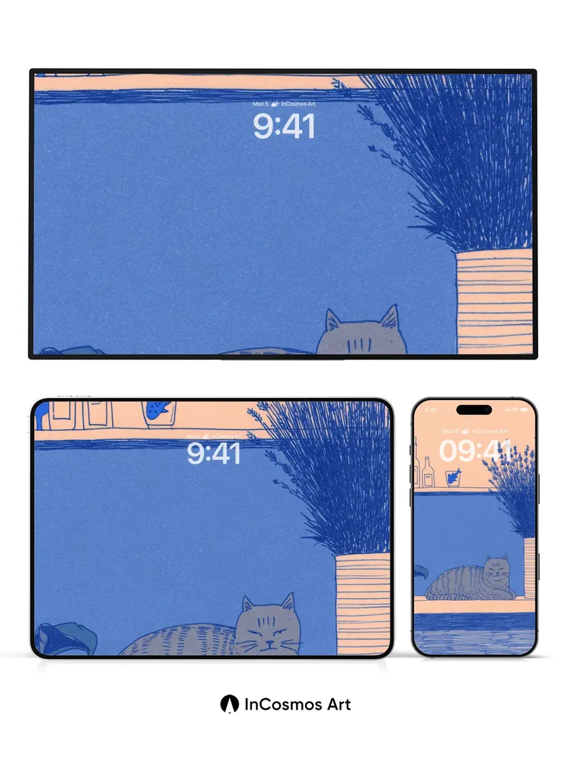 Serenity Blue Cat Wallpaper with Lavender Stillness