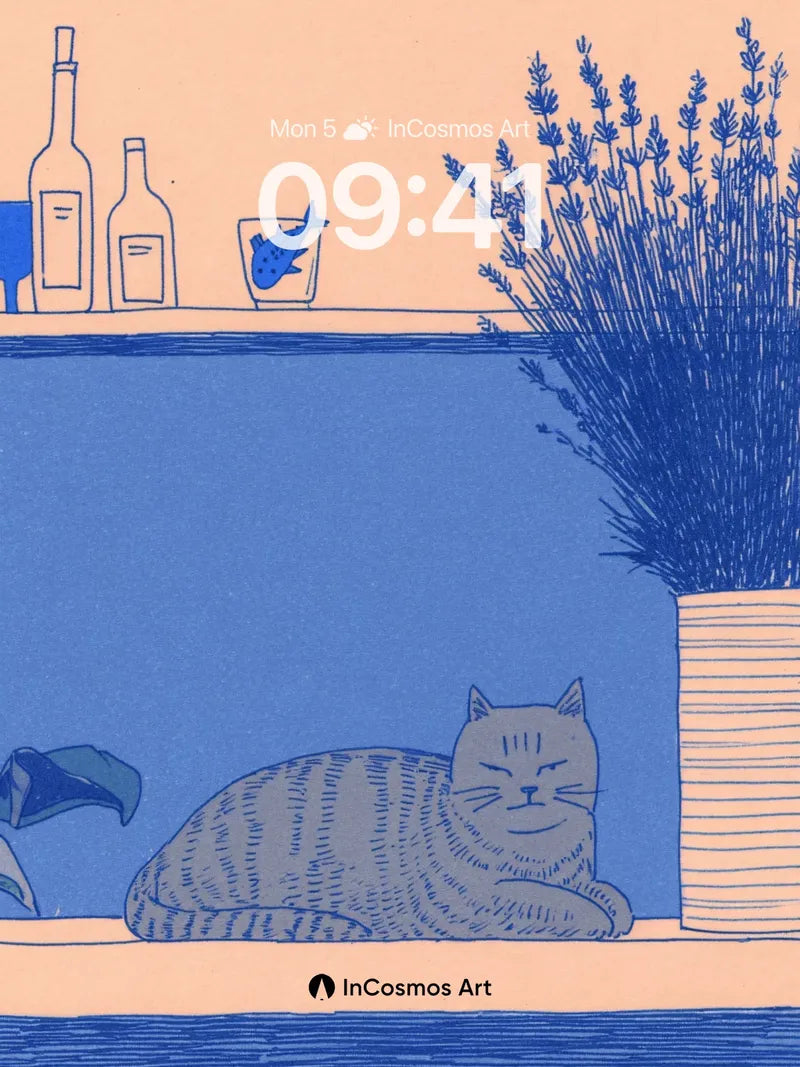 Serenity Blue Cat Wallpaper with Lavender Stillness