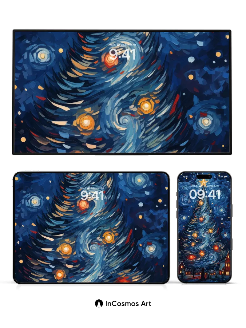 Starry Night Christmas Wallpaper with Twirling Lights