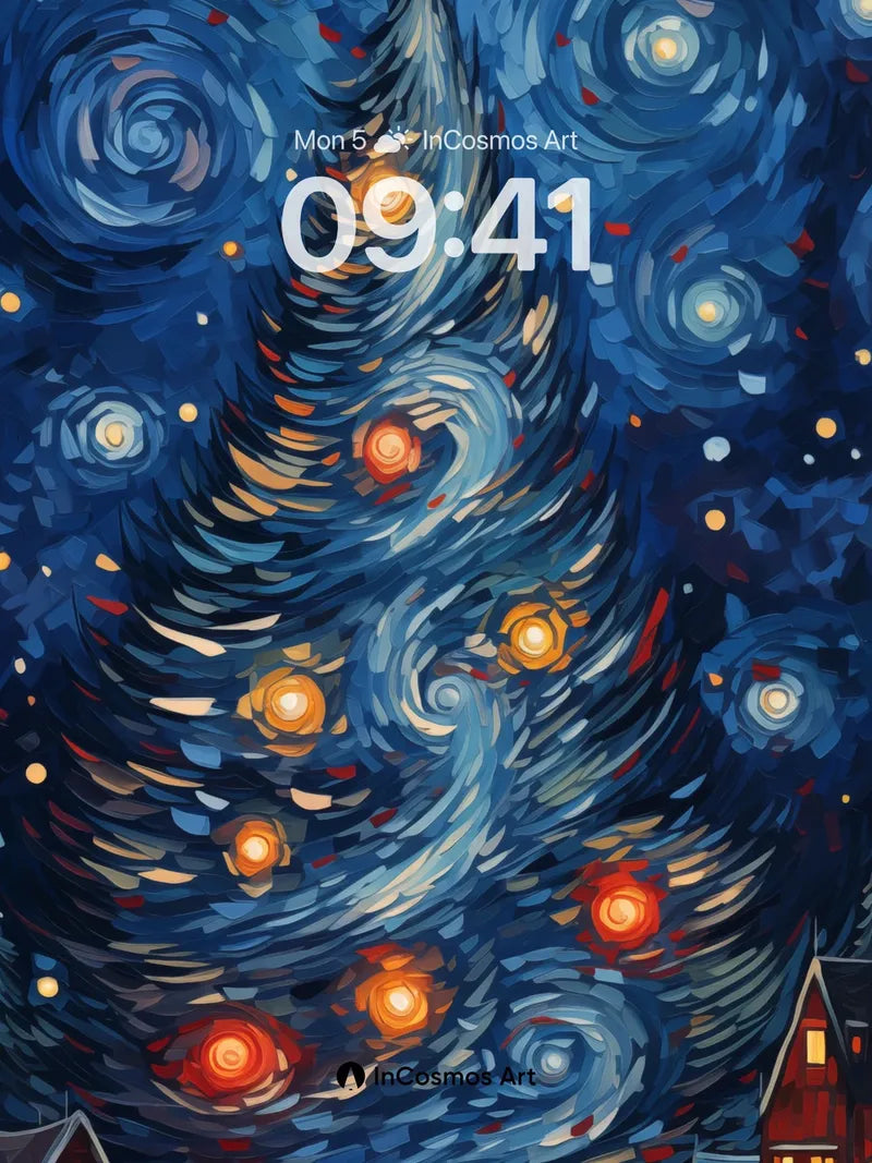 Starry Night Christmas Wallpaper with Twirling Lights wallpaper for iPhone, iPad & Mac