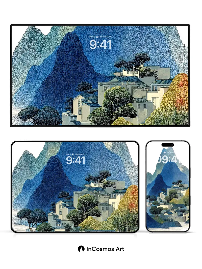 Calm Mountain Hues Wallpaper with Ink-Wave Texture