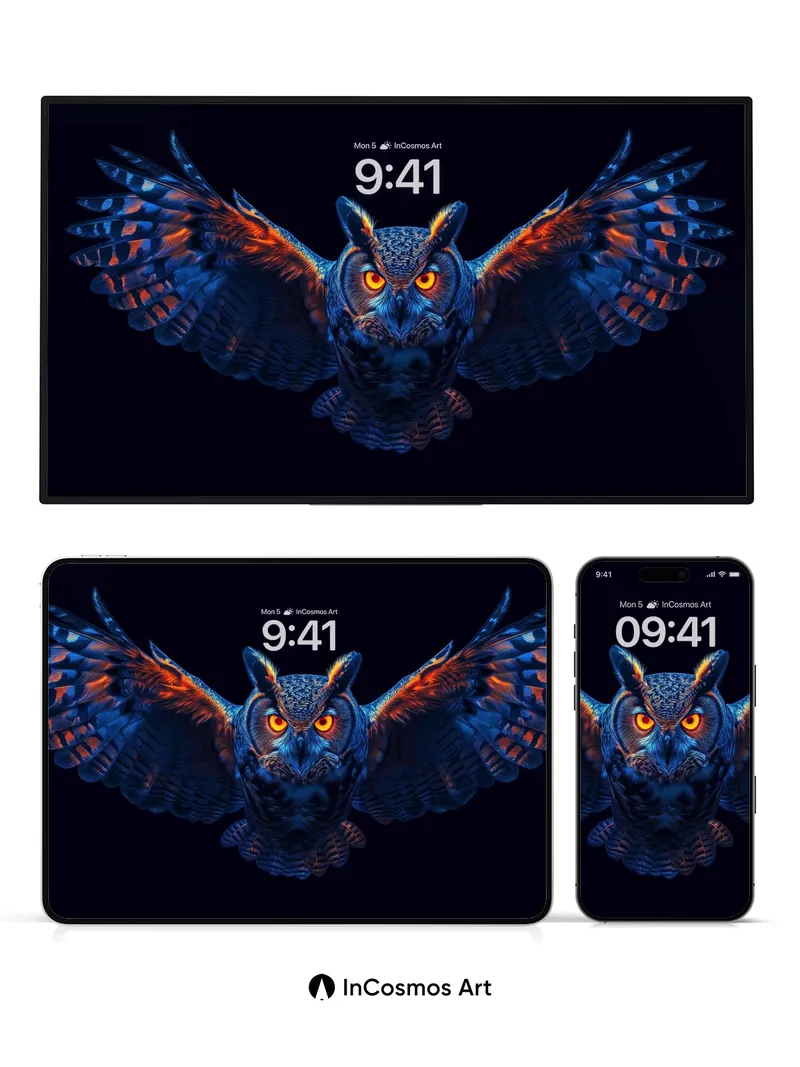 Neon Eclipse Owl Wallpaper with Electric Feathers