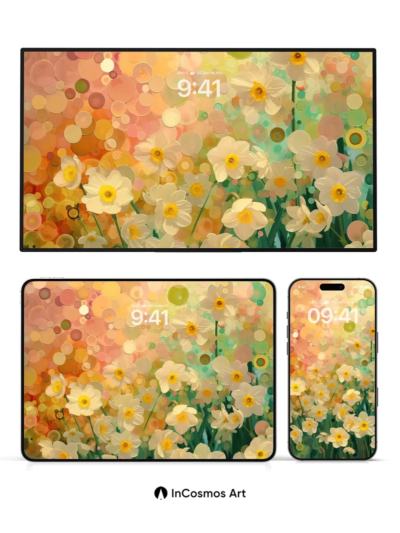Sunlit Daffodil Field Wallpaper with Floating Light Circles