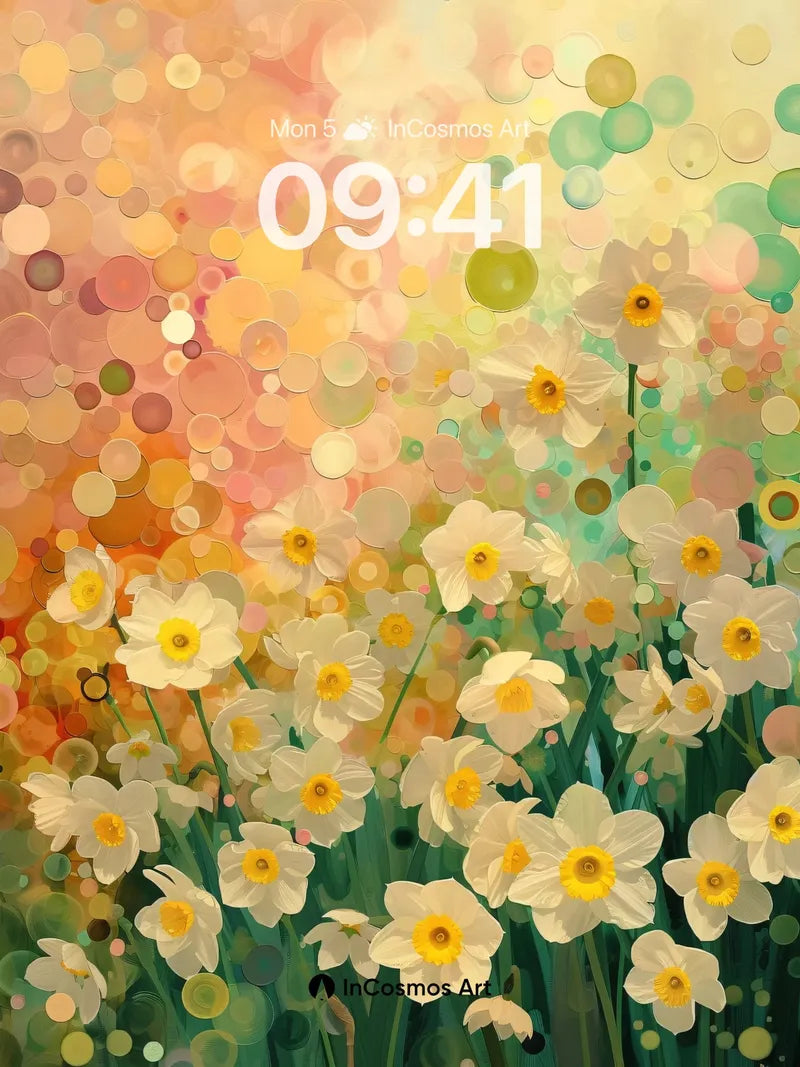 Sunlit Daffodil Field Wallpaper with Floating Light Circles