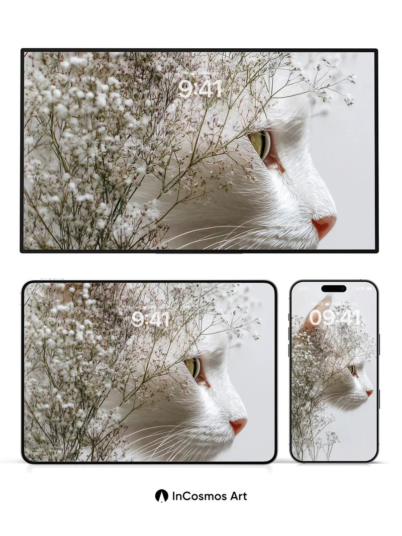 Serene Bloom Wallpaper with Feline Whispers