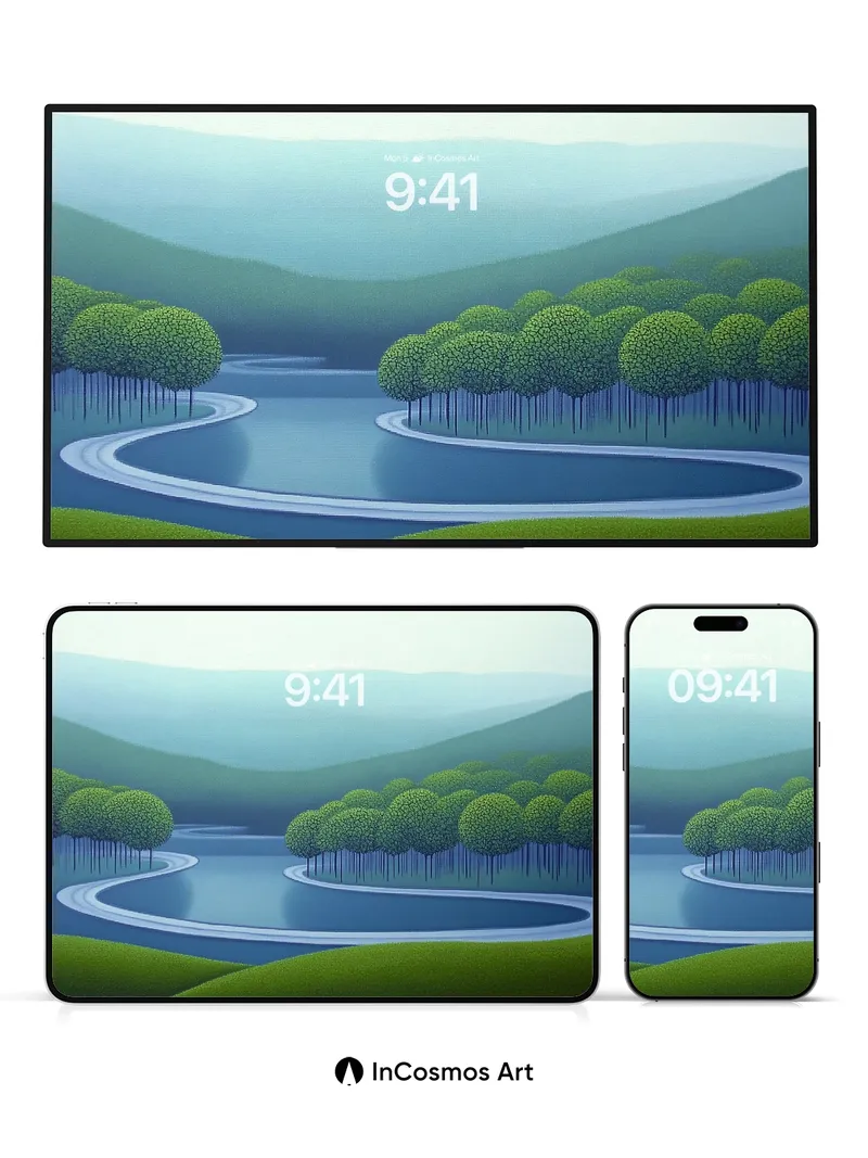 Serene River Loop Wallpaper with Floating Forests