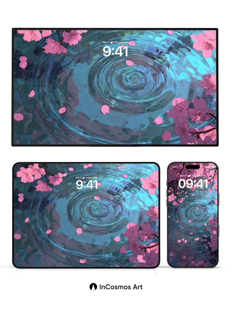 Serenity Ripple Wallpaper with Cherry Petal Drift