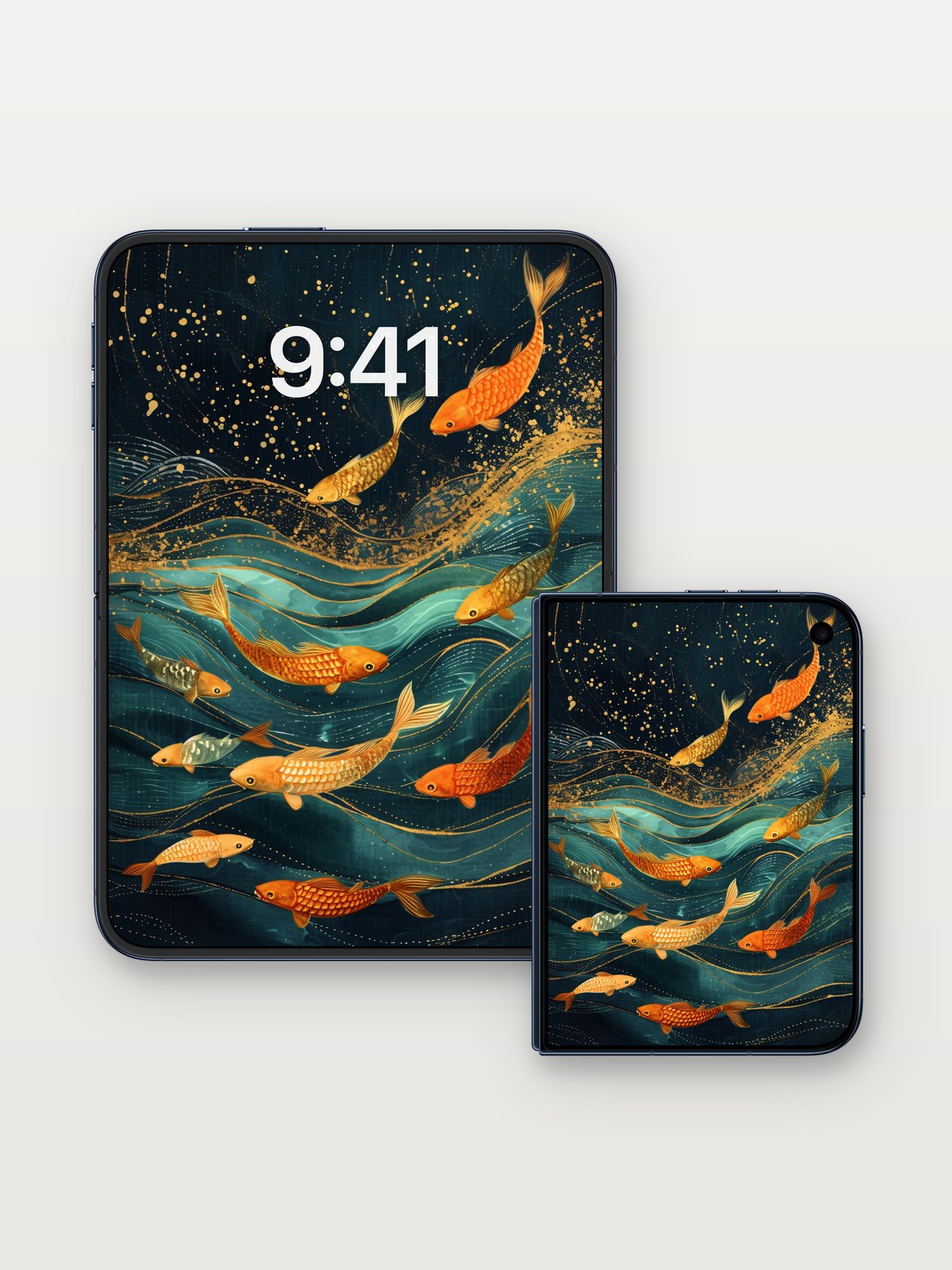 Golden Current Wallpaper with Koi Dreams on iPhone Duo, open and closed