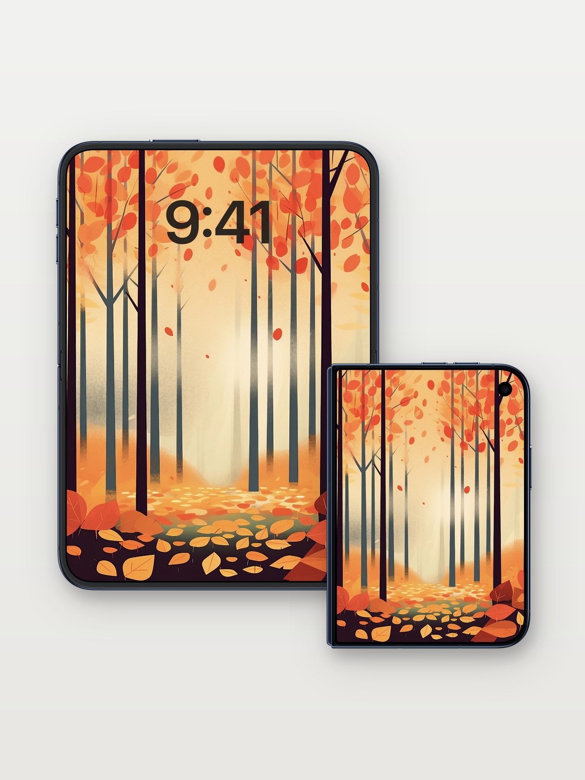 Autumn Hush Wallpaper with Falling Leaves on iPhone Duo, open and closed