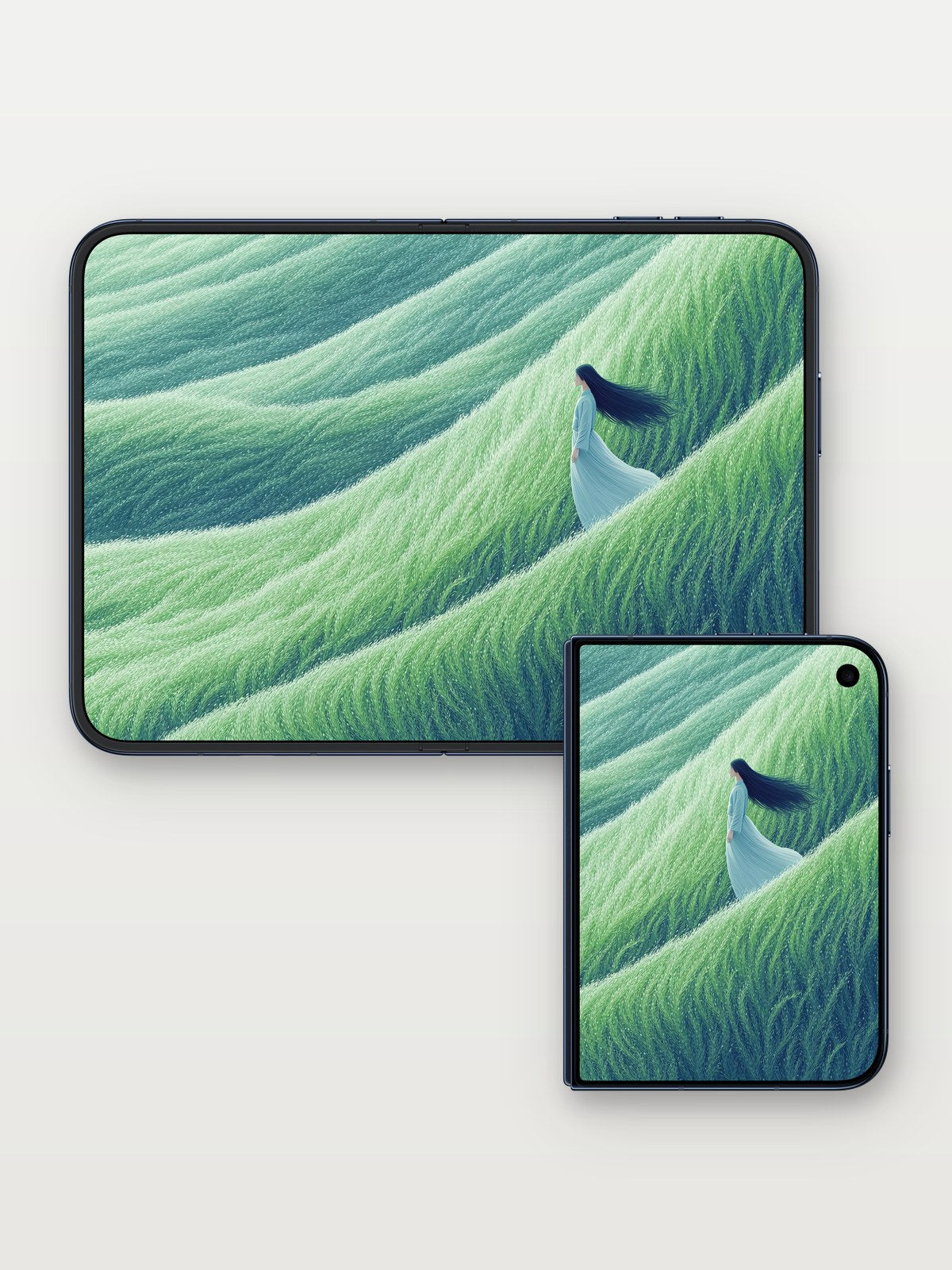 Serenity Wave Wallpaper with Floating Figure on iPhone Duo, open and closed
