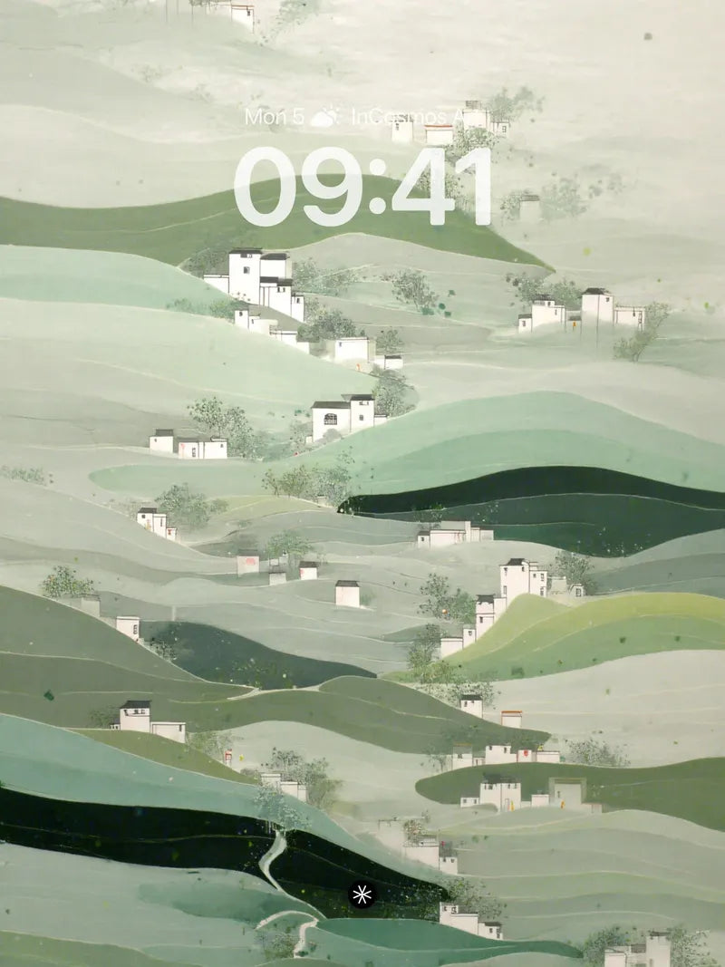 Misty Hillside Village Wallpaper in Soft Greens wallpaper for iPhone, iPad & Mac