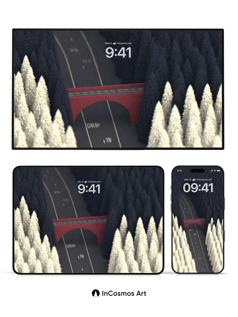 Frost-Clad Highway Wallpaper with Red Arch Bridge