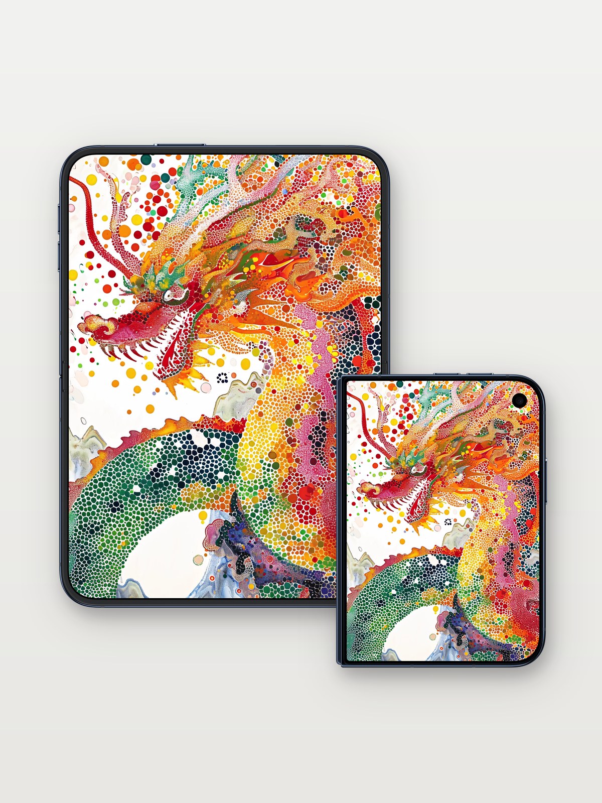 Cosmic Dragon Wallpaper with Polka-Dot Pulse on iPhone Duo, open and closed